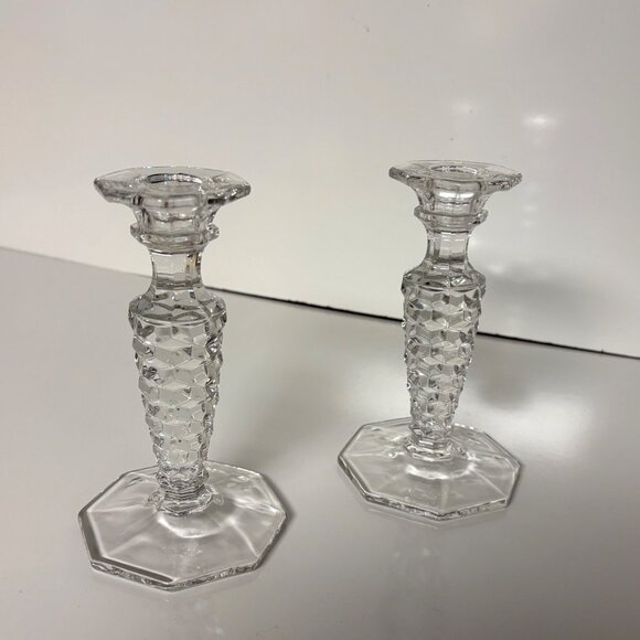 Clear Glass Fostoria Candlestick Holders Set Of 2 Octagonal Vintage 6.25in - Picture 1 of 6